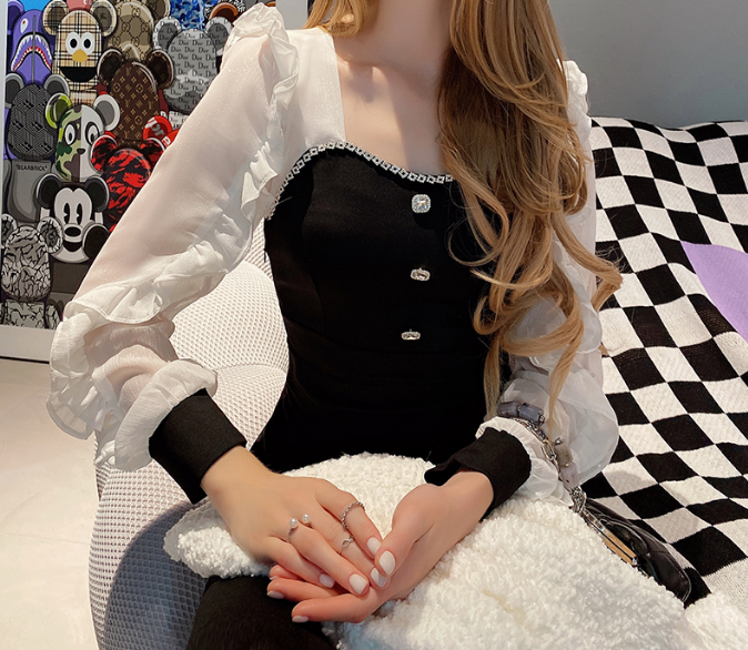 French style one-piece dress women's black and white patchwork celebrity style split skirt in autumn 2022