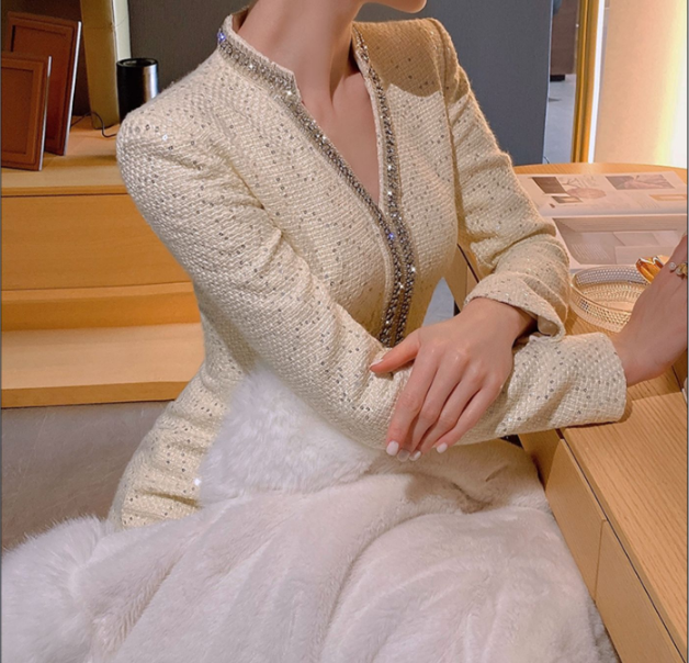 Celebrity Little Fragrant Tweed V-Neck Slim Dress Girl