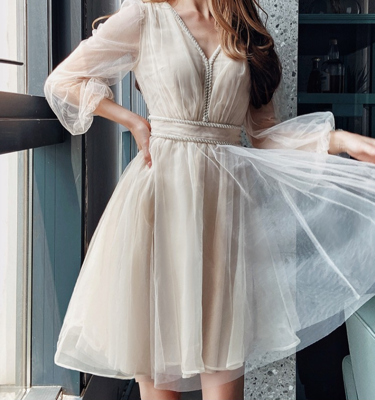 Gentle style pearl border V-neck mesh lantern sleeve dress A-line skirt for women 2022 new style
