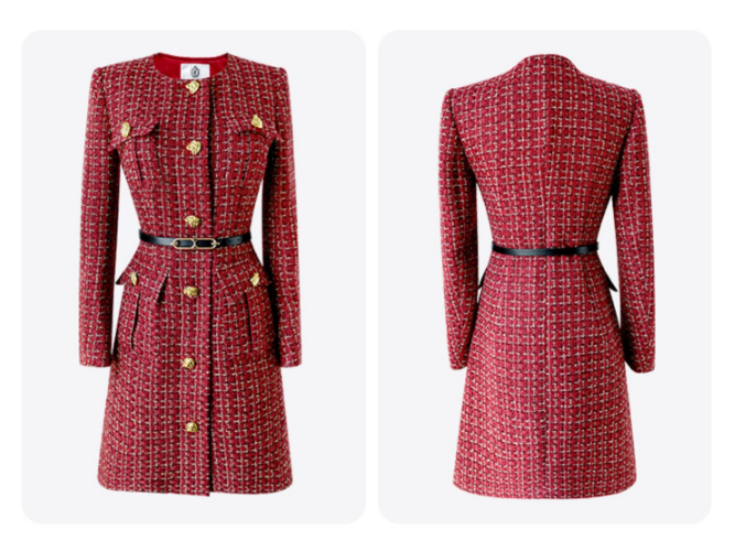 Celebrity style tweed dress red retro plaid coat women's autumn 2022 new
