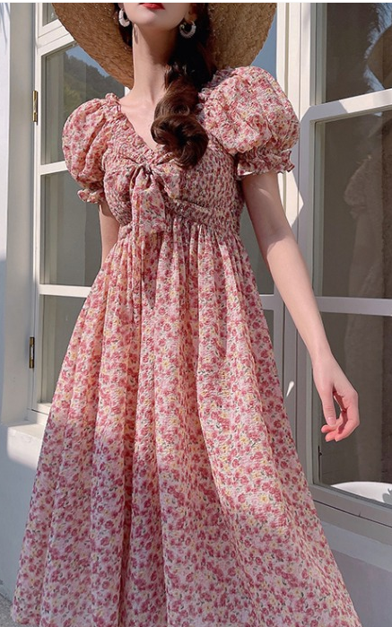2022 Summer New Vintage Age Reducing Floral Dress V-Neck Slim High Waist Dress Children