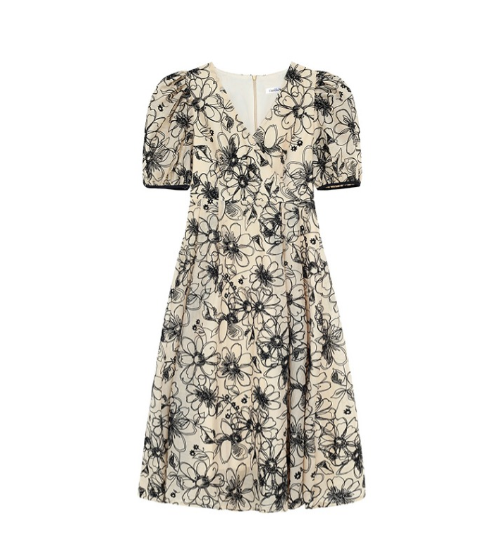 2022 Summer New Vintage Temperament V-neck Flocked Flower Dress Short Sleeve Long Dress Women