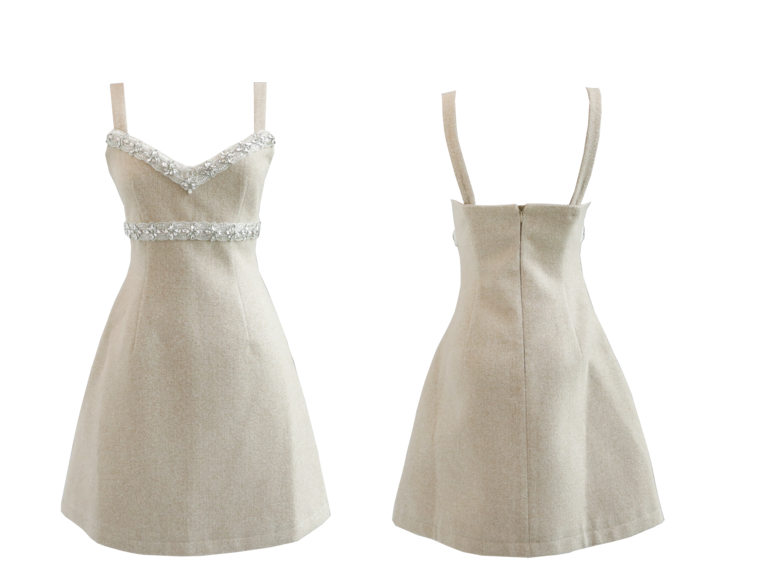 2022 new woolen cloth with diamond sling skirt temperament slim V-neck versatile dress autumn and winter