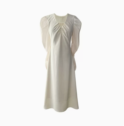 2022 Temperament Gentle Style V-Neck Mid length Dress White Waist Over Knee Long Dress Spring