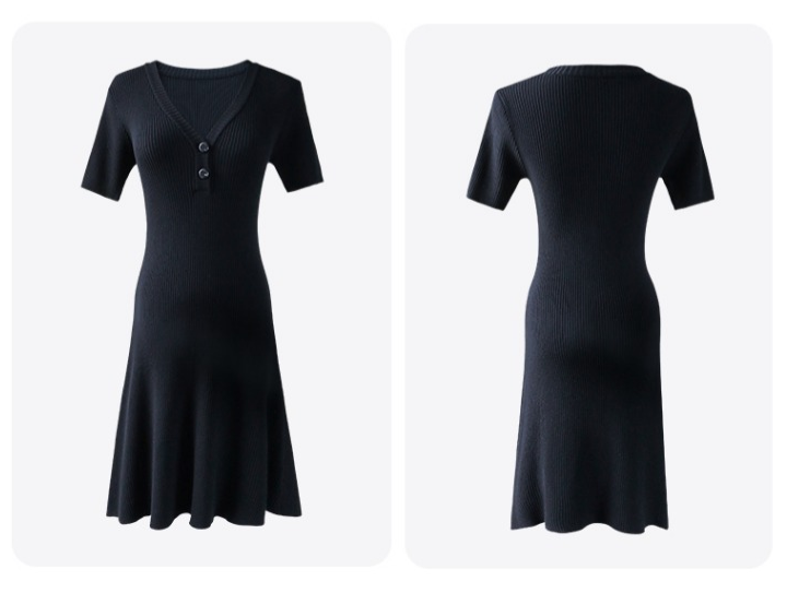 2022 New Slim Slim Stripe Elastic Knitted V-Neck Short Sleeve Dress