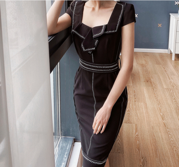 Dress Summer New Women Retro Design Sense Small Style Black Mid length Skirt