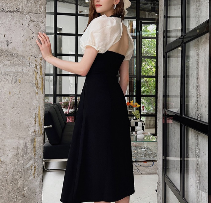 Black Splice Dress Women's Bubble Sleeve A-line Dress 2022 New