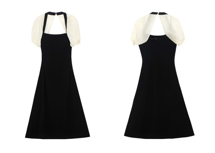 Black Splice Dress Women's Bubble Sleeve A-line Dress 2022 New