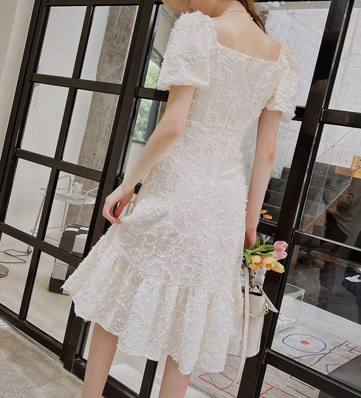 Temperament French style bubble sleeve jacquard chiffon dress A-line skirt for women in summer 2022
