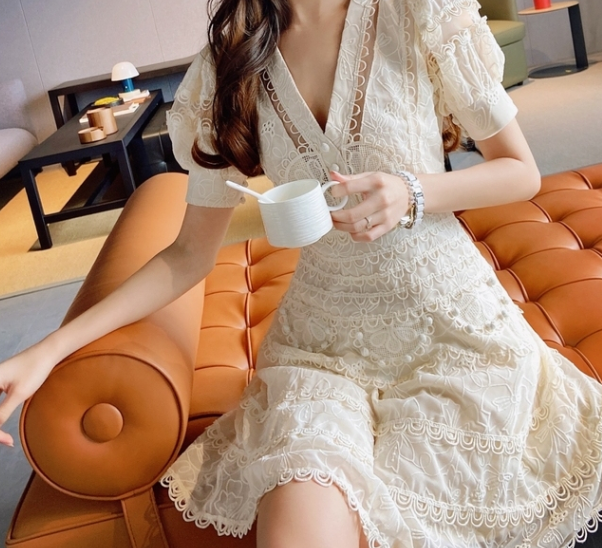 WATER-SOLUBLE LACE BUBBLE SLEEVE COLLAR DRESS 2022 NEW SMALL DESIGN A-LINE SKIRT
