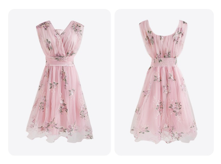 Sweet Embroidery Flower Dress 2022 New Style Waist closing Pink Sleeveless Mesh Dress Women