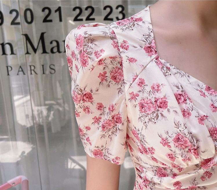 Elegant and romantic pink floral chiffon dress 2022 summer new high waist dress