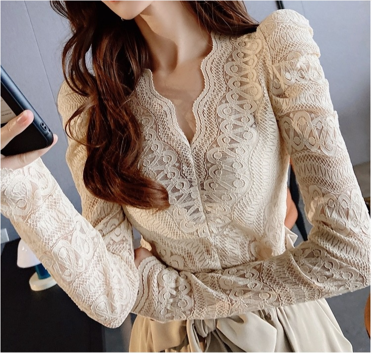 2022 New Sexy Slim V-Neck Lace Backing Shirt Early Autumn Women's Long Sleeve Top