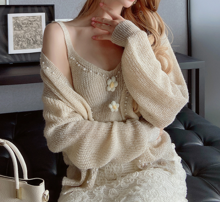 Beaded Flower Knitted Cardigan Strap Vest Autumn Sweet Age Reducing Two Piece Set Women