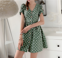 French vintage new style bubble sleeve V-neck polka dot short skirt chiffon sweet dress girls summer