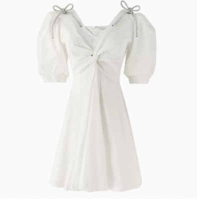 Bowknot studded bubble sleeve bud skirt white high waist sweet temperament puffy dress