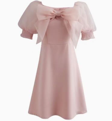 Sweet Patchwork Princess Dress Women Bowknot Half Sleeve Pink Long Dress Summer New Style