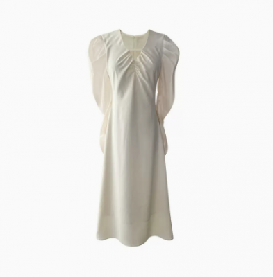 2022 Temperament Gentle Style V-Neck Mid length Dress White Waist Over Knee Long Dress Spring