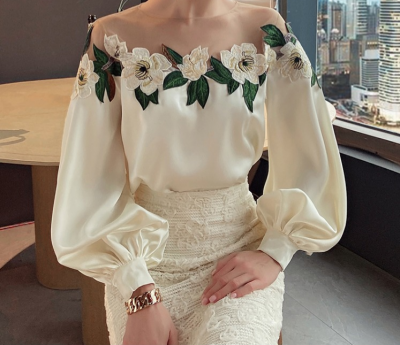 Early Autumn Celebrity Heavy Industry Mesh Splice Satin Embroidered Shirt Top Women's 2022 New